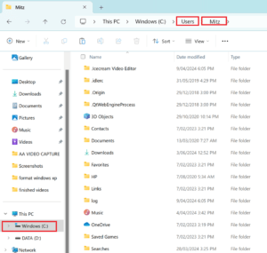 User folders in windows