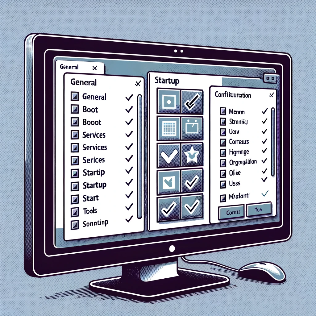 An illustration of a computer screen displaying the System Configuration (msconfig) window with the Startup tab selected, showing a list of programs with checkboxes next to them