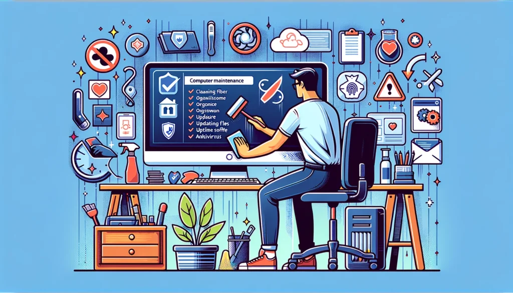 A digital illustration showing a person performing computer maintenance tasks, such as cleaning the keyboard, organizing files, updating software, and running antivirus scans. The background features a typical home office setting with a desktop computer.