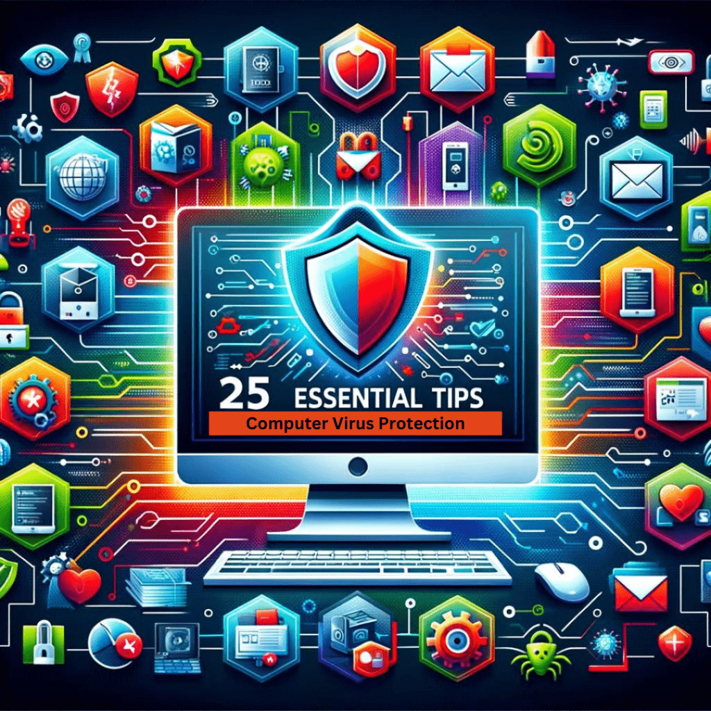 Digital illustration showcasing '25 Essential Tips for Comprehensive Computer Virus Protection' with icons representing cybersecurity measures such as antivirus software, firewall protection, email security, software updates, and data backup.