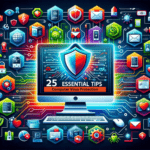 Digital illustration showcasing '25 Essential Tips for Comprehensive Computer Virus Protection' with icons representing cybersecurity measures such as antivirus software, firewall protection, email security, software updates, and data backup.