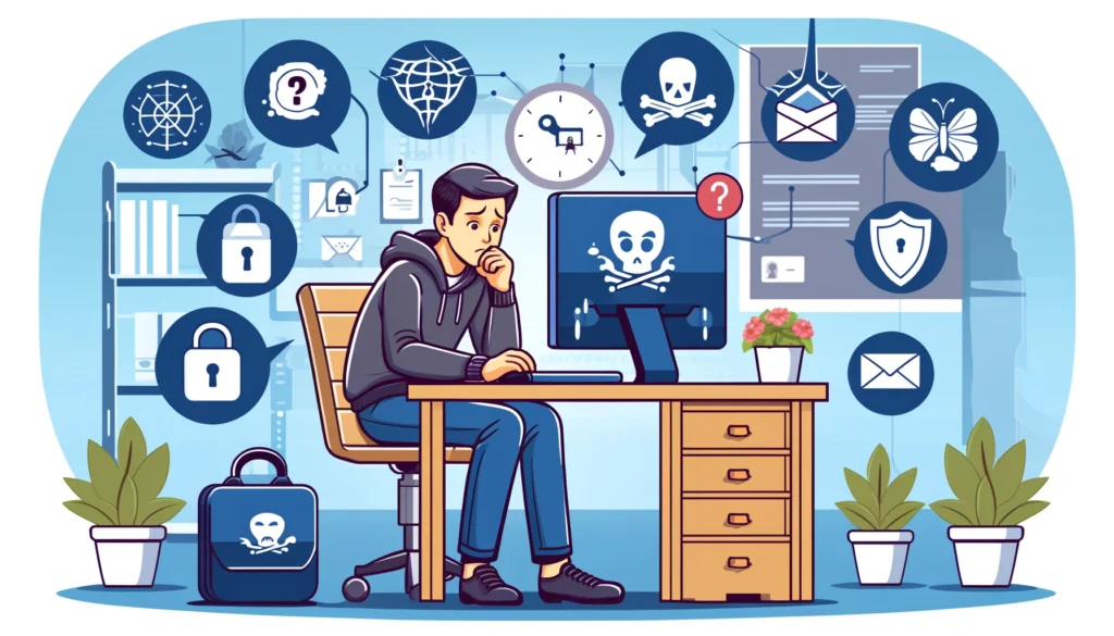 A digital illustration depicting a person using a computer with a worried expression, surrounded by icons representing cyber security threats like a hacker, malware, phishing emails, and a padlock, in a home office setting.