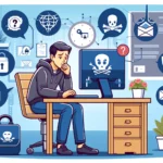 A digital illustration depicting a person using a computer with a worried expression, surrounded by icons representing cyber security threats like a hacker, malware, phishing emails, and a padlock, in a home office setting.