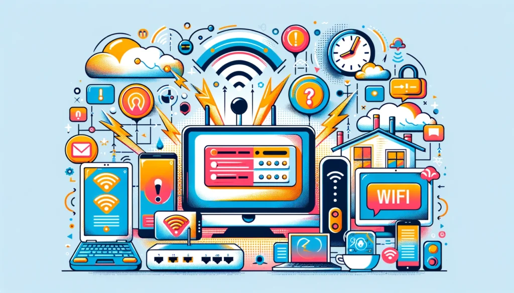 A digital illustration of various devices connected to the internet with icons representing common problems like network congestion, outdated hardware, and signal interference.