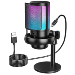 A close-up image of the Anykuu USB Microphone Kit, featuring a sleek condenser microphone with an attached anti-pop metal filter, mounted on a tripod stand