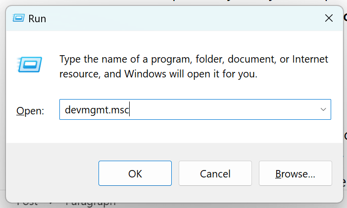 A screenshot of the Windows Run command box with a command being typed