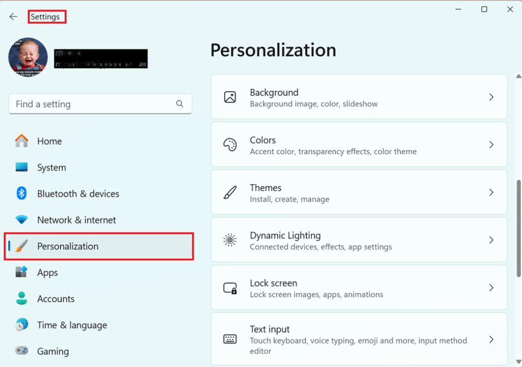 Windows settings- personalization