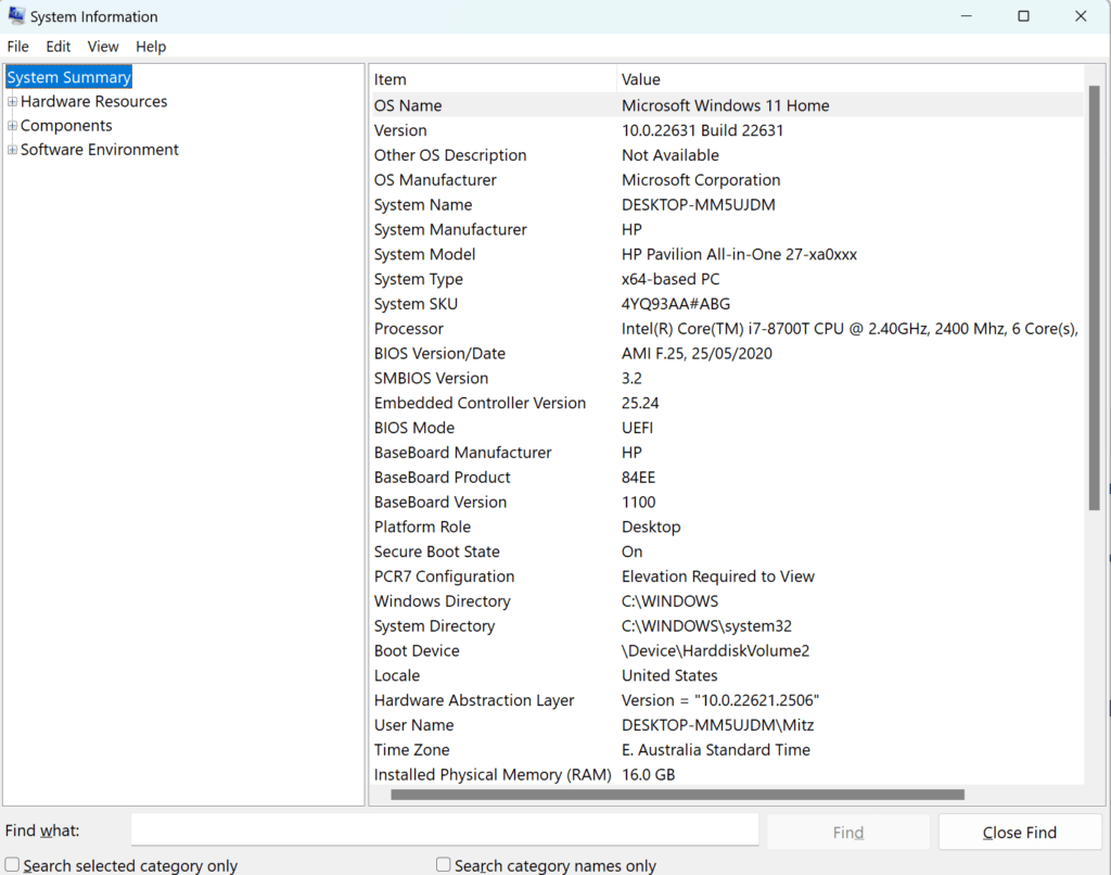 system specifications