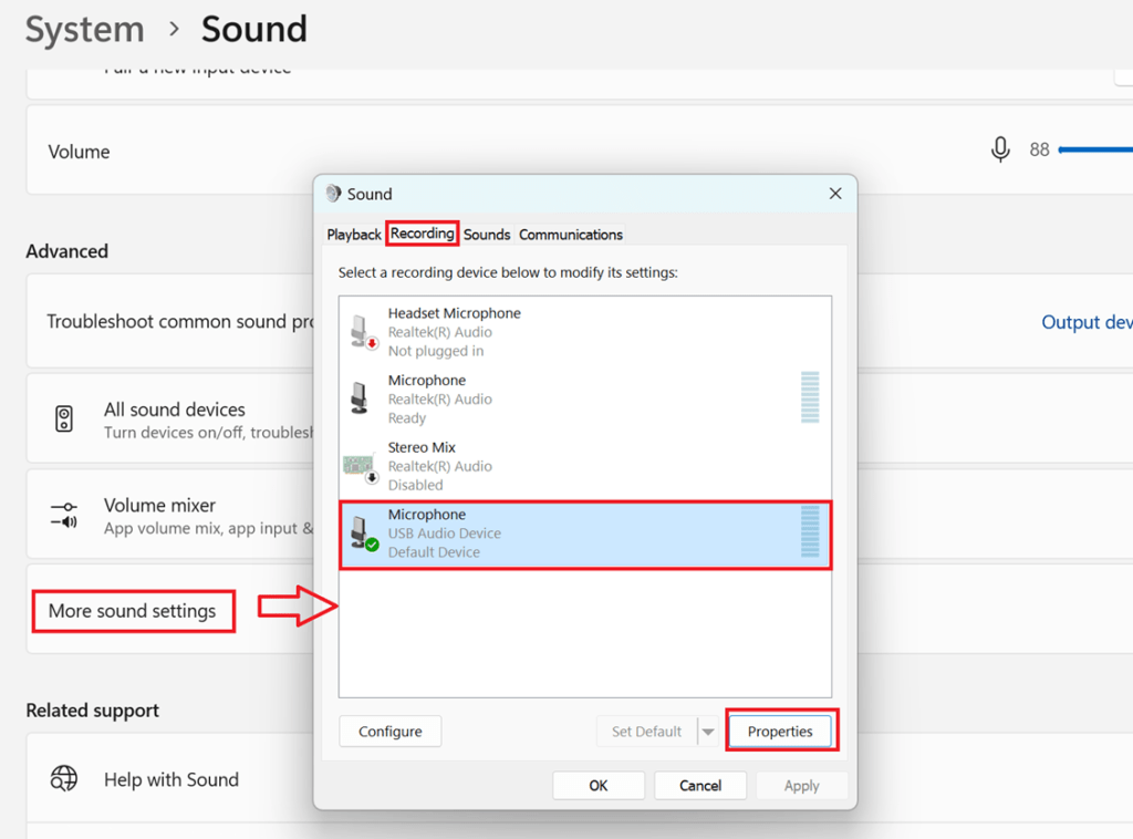 Sound settings in wondows