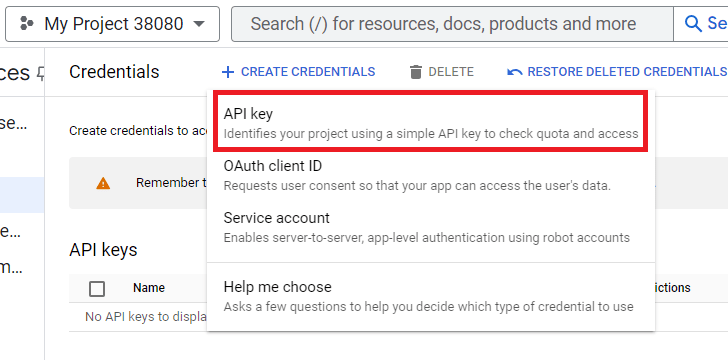 create an api key for Youtube data