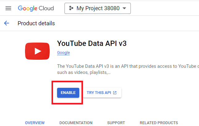 enable youtube data API v3