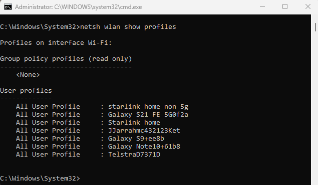 netsh wlan show profiles